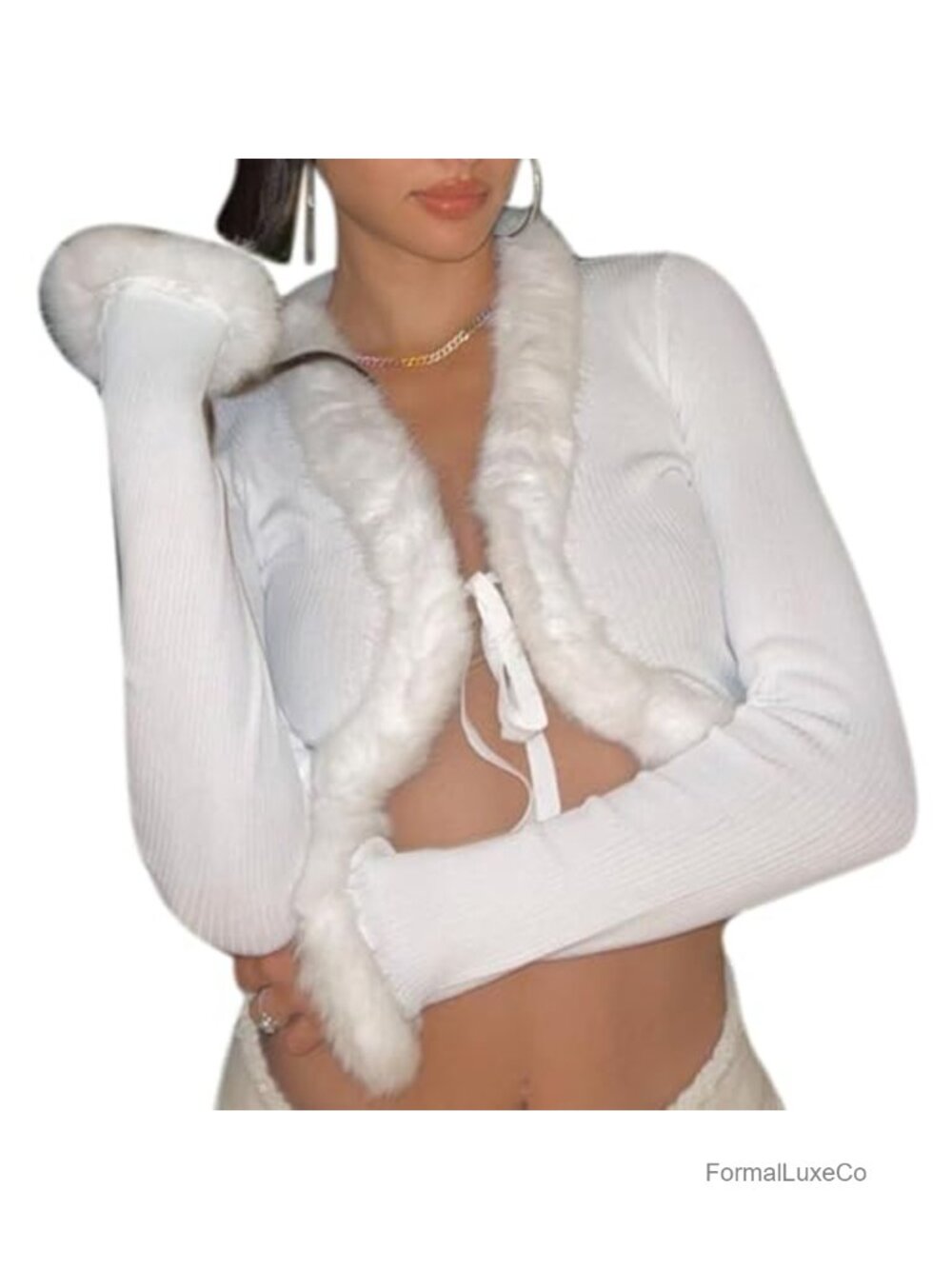 Long Sleeve Tie Front Blouse Faux Fur Fluffy Trim Collar Cuff Rib Knit Slim Fit